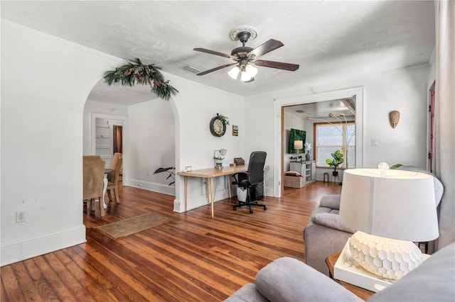 office with ceiling fan, crown molding, and hardwood / wood-style floors