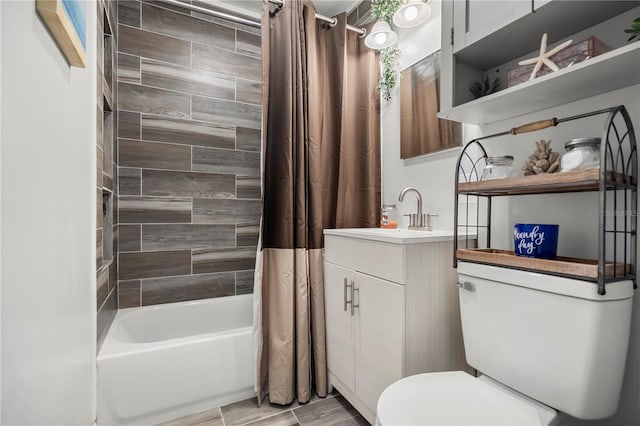 full bathroom with vanity, shower / tub combo with curtain, toilet, and wood-type flooring