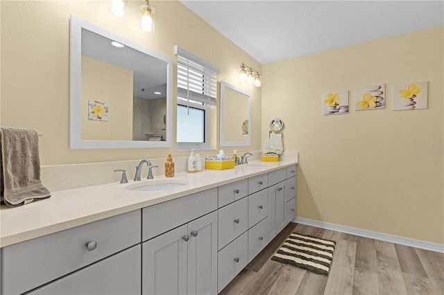 bathroom featuring hardwood / wood-style flooring, walk in shower, and vanity