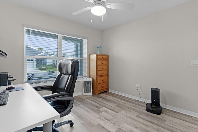 office area with ceiling fan and light hardwood / wood-style floors