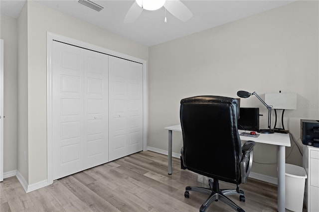 office area featuring light hardwood / wood-style floors and ceiling fan