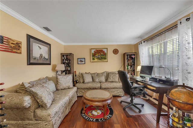 office space with wood-type flooring and ornamental molding