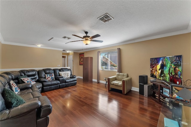 living room with ornamental molding, a textured ceiling, dark hardwood / wood-style floors, and ceiling fan