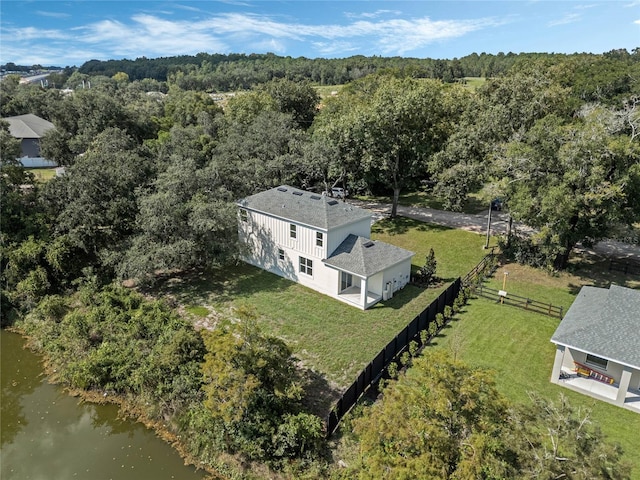 aerial view featuring a water view