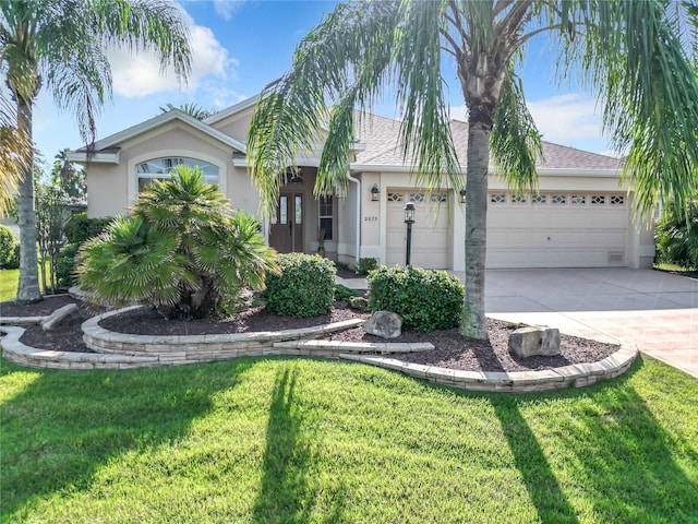 single story home featuring a front yard and a garage