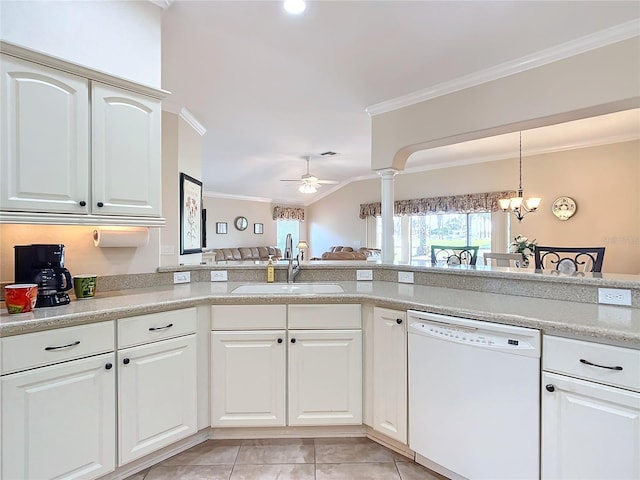 kitchen with white cabinetry, dishwasher, sink, and ornamental molding