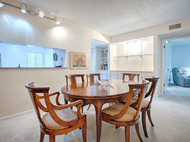 carpeted dining area with a textured ceiling and built in features