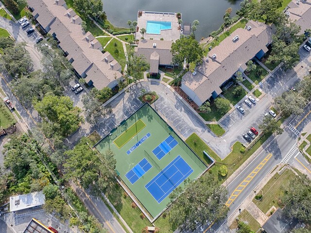 birds eye view of property featuring a water view