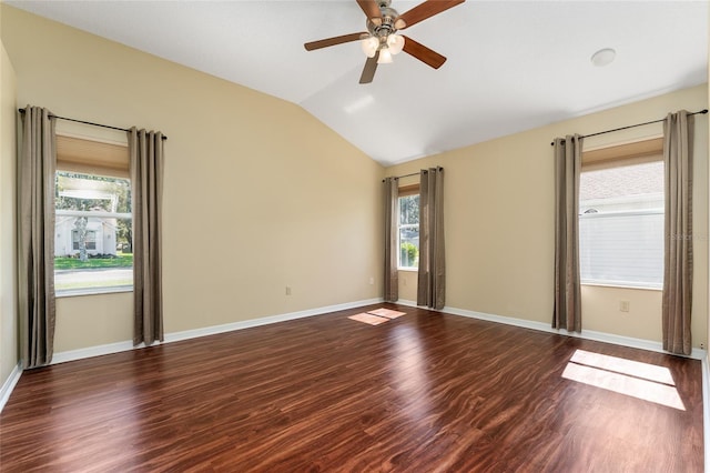 unfurnished room with lofted ceiling, hardwood / wood-style floors, and ceiling fan