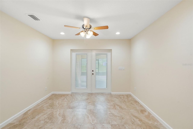 8222 Florida Boys Ranch Rd, Groveland, FL 34736 - empty room featuring baseboards, ceiling fan, visible vents, and french doors