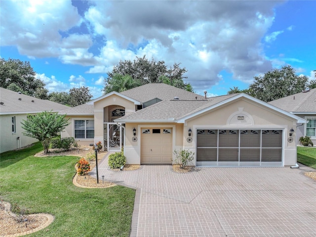 ranch-style house featuring a garage and a front yard