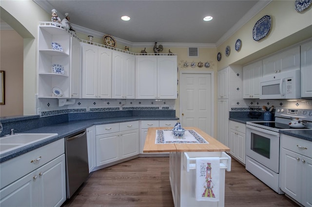 kitchen featuring light wood-type flooring, white cabinets, wooden counters, white appliances, and ornamental molding