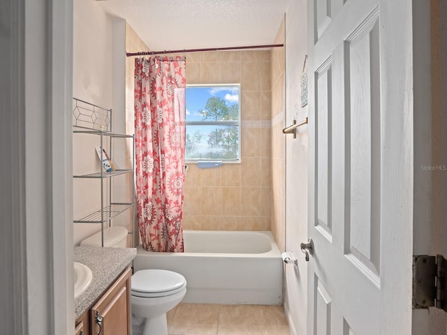 bathroom with tile patterned floors, shower / bathtub combination with curtain, toilet, a textured ceiling, and vanity