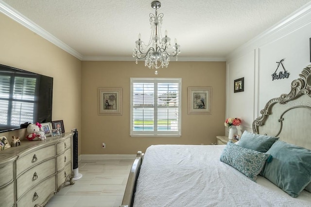 bedroom with a chandelier, baseboards, ornamental molding, and a textured ceiling
