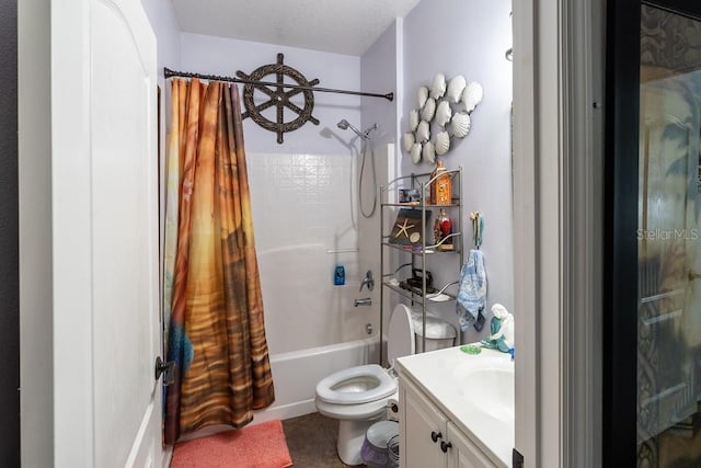 bathroom featuring toilet, vanity, and shower / bath combination with curtain