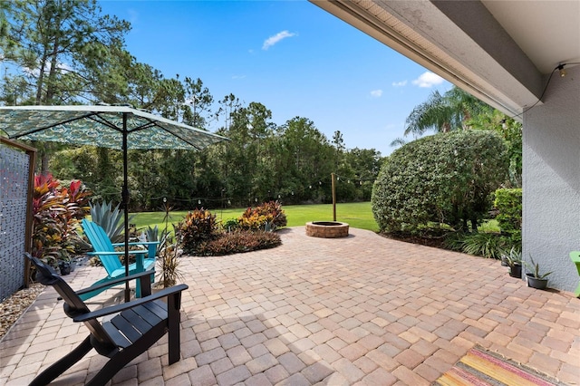 view of patio / terrace with a fire pit