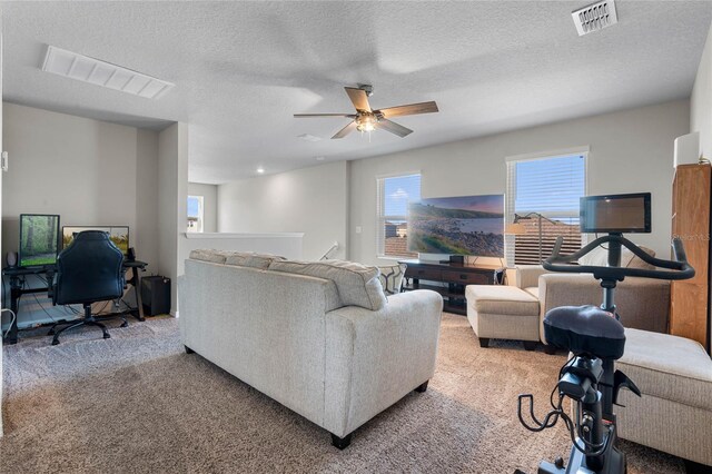 living room featuring ceiling fan, carpet, and a textured ceiling