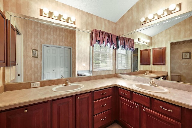 bathroom featuring vanity, a textured ceiling, toilet, and vaulted ceiling