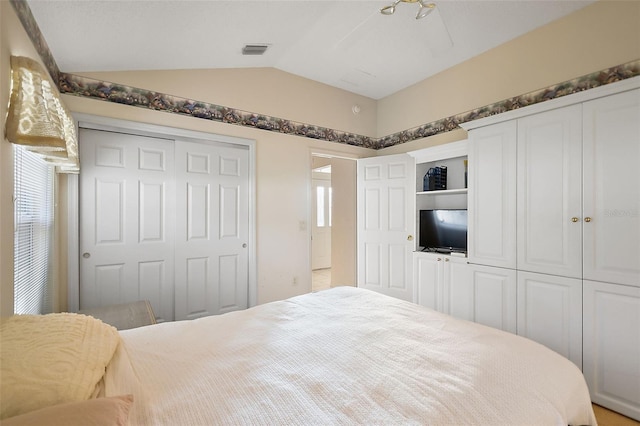 bedroom featuring vaulted ceiling and multiple windows