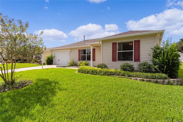 ranch-style home featuring a front yard and a garage