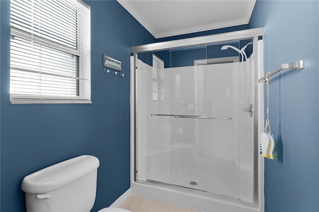 bathroom with walk in shower, crown molding, tile patterned flooring, toilet, and a textured ceiling