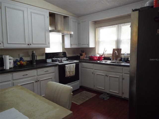 kitchen with wall chimney range hood, sink, white cabinetry, white range with electric stovetop, and dark hardwood / wood-style floors