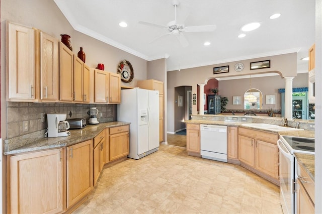 kitchen featuring light brown cabinets, ceiling fan, decorative columns, ornamental molding, and white appliances