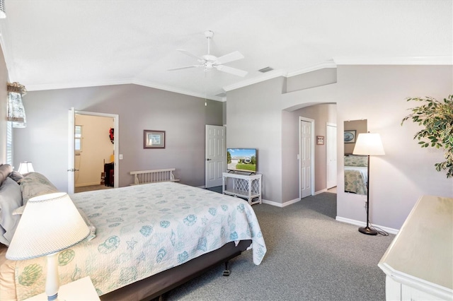 bedroom featuring carpet floors, a closet, ceiling fan, lofted ceiling, and crown molding