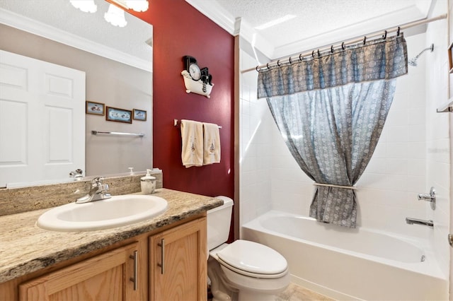 full bathroom featuring shower / bath combination with curtain, a textured ceiling, toilet, vanity, and crown molding