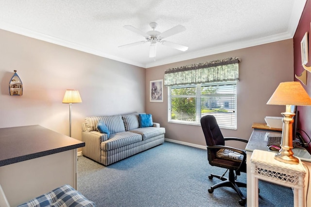 carpeted office featuring ornamental molding, a textured ceiling, and ceiling fan