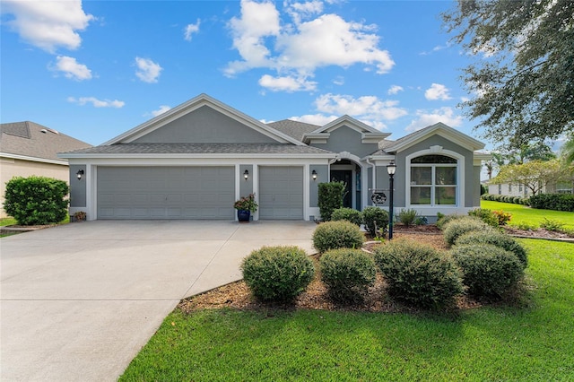 single story home featuring a front yard and a garage