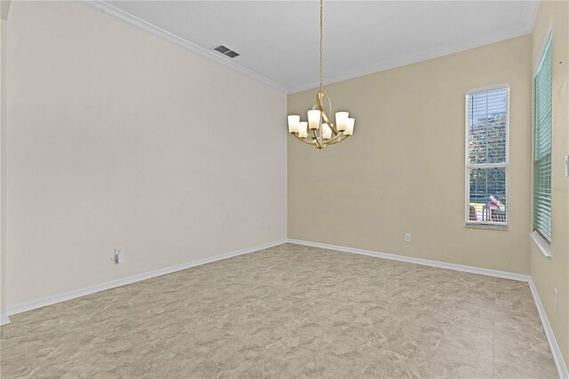 25304 Forest Oak Ct, Leesburg, FL 34748 - empty room with visible vents, crown molding, baseboards, and a notable chandelier