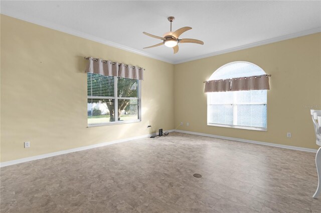 25304 Forest Oak Ct, Leesburg, FL 34748 - unfurnished room with ceiling fan, baseboards, ornamental molding, and a healthy amount of sunlight