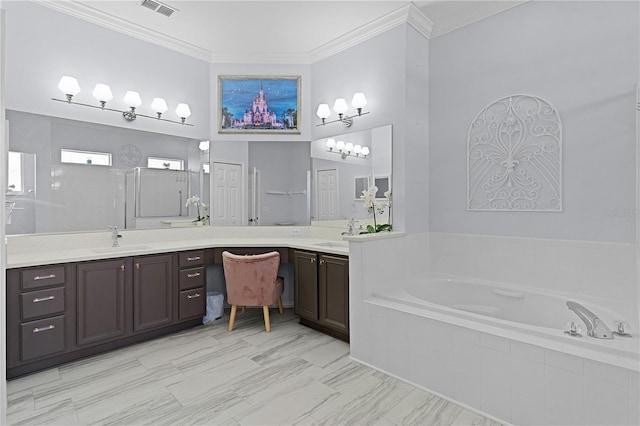 bathroom featuring ornamental molding, separate shower and tub, and vanity