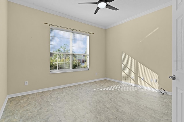 empty room with ceiling fan and crown molding