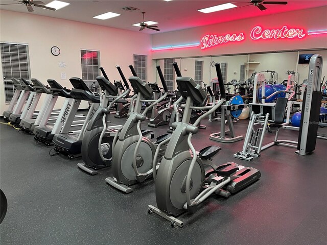 25304 Forest Oak Ct, Leesburg, FL 34748 - exercise room featuring a ceiling fan and visible vents