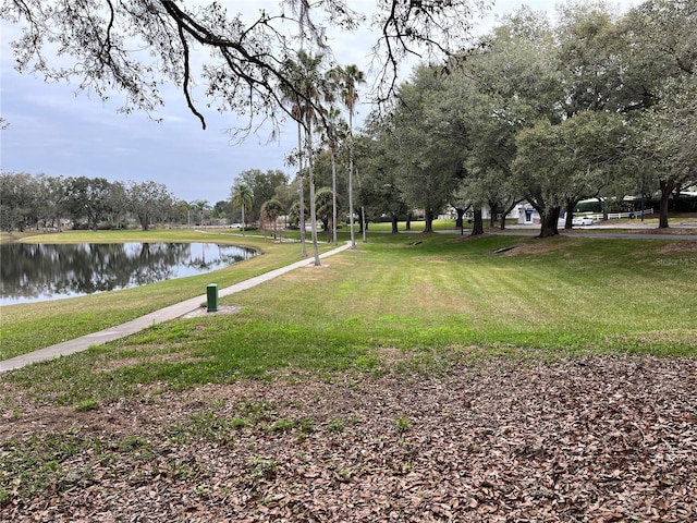 view of home's community with a water view and a yard