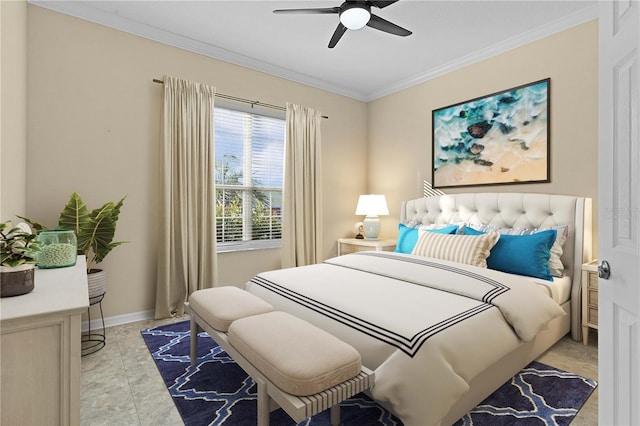 bedroom featuring ceiling fan and ornamental molding