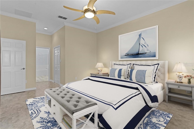 bedroom with ceiling fan and crown molding