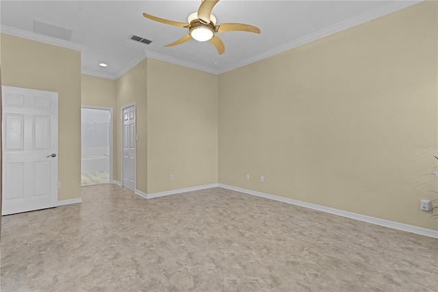 unfurnished room with ceiling fan and ornamental molding