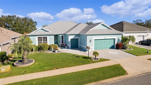 ranch-style house with a front lawn and a garage