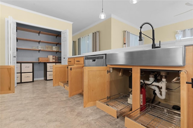 kitchen with dishwasher, sink, hanging light fixtures, light brown cabinets, and ornamental molding