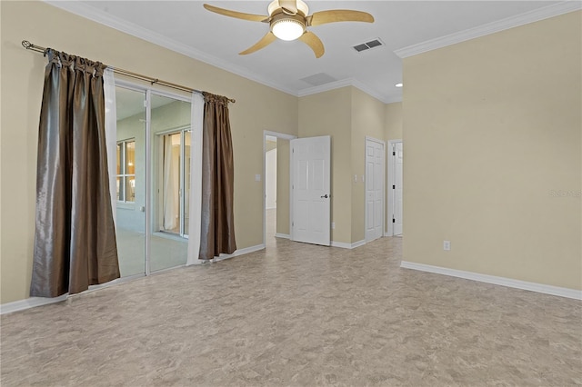 unfurnished room with ceiling fan and crown molding