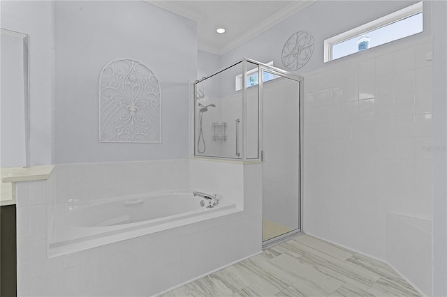 bathroom with plus walk in shower and ornamental molding