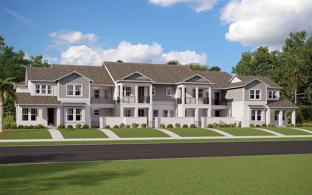 view of front facade featuring a front yard and a balcony