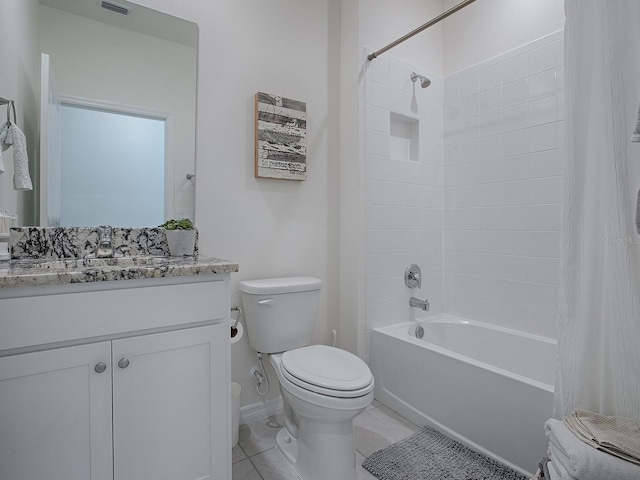 full bathroom featuring toilet, shower / bath combination with curtain, vanity, and tile patterned floors