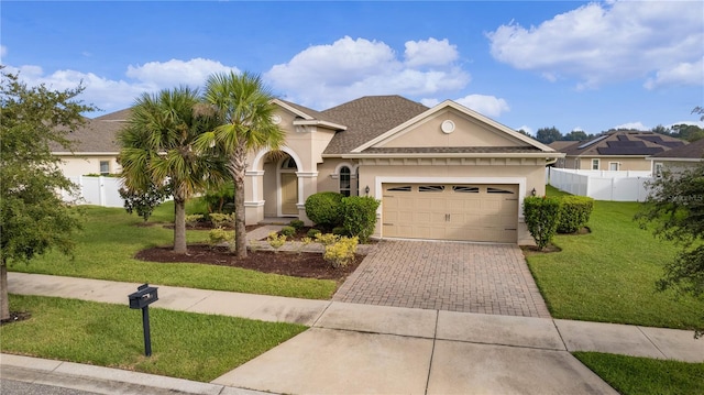 ranch-style house featuring a garage and a front lawn