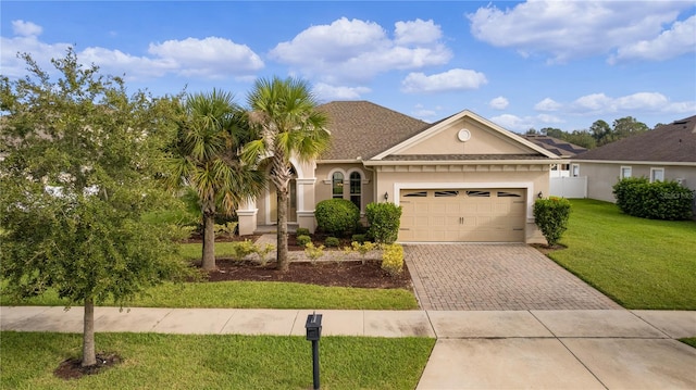 single story home featuring a front lawn and a garage