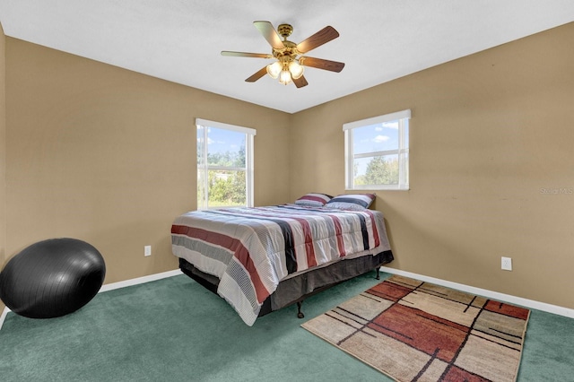 bedroom featuring carpet floors and ceiling fan