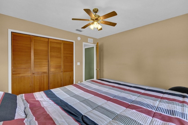 bedroom featuring a closet and ceiling fan